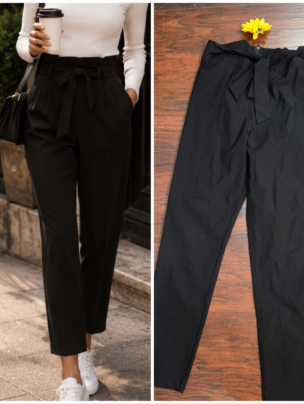 Windsor High-Waist Paperbag Trousers for Women - Black